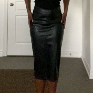 Midi Leather Skirt with Front Slit